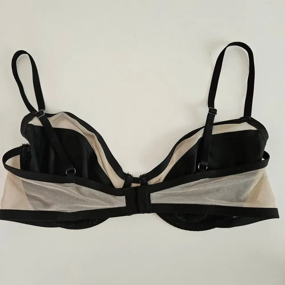 Victoria's Secret Unlined Demi Bra 34DD‎ Black Nude Mesh